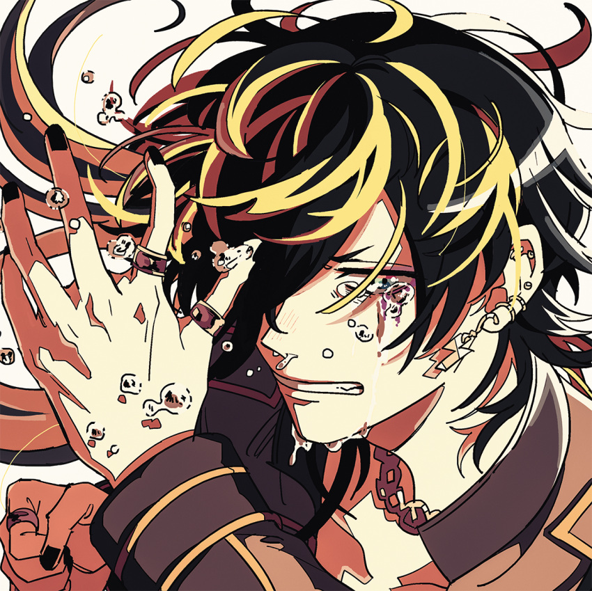 0tiyo, 1boy, aimono_juushi, black_hair, black_nails, blonde_hair, blue_eyes, brown_shirt