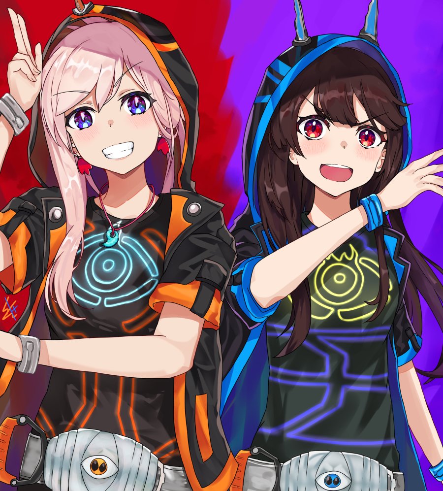 2girls, blue_eyes, clenched_teeth, cosplay, crossover, determined, eyebrows, eyebrows_visible_through_hair