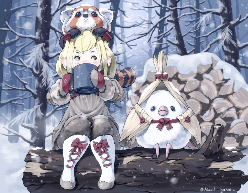 1girl, absurdres, animal, animal_on_head, avatar_(ff14), bare_tree, bimel_isabella, blonde_hair, boots, breasts, cross-laced_footwear, cup, day, final_fantasy, final_fantasy_xiv, full_body, highres, holding, holding_cup, lace-up_boots, lalafell, long_sleeves, looking_at_another, looking_at_viewer, medium_breasts, mittens, on_head, outdoors, pants, pointy_ears, red_panda, sidelocks, sitting, snow, snowing, steam, tree, twitter_username, winter, winter_clothes