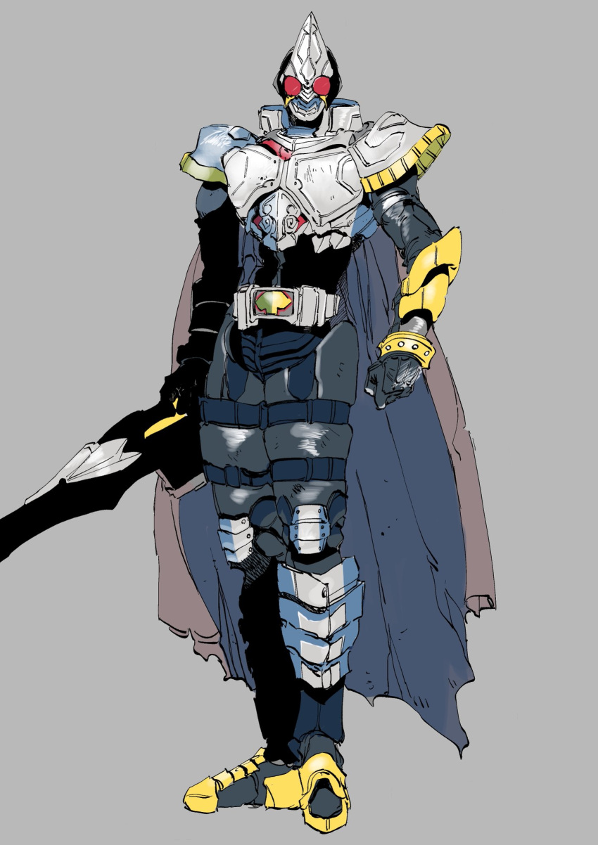 1boy, armor, asymmetrical_armor, boots, cape, cowboy_shot, full_body, highres, holding, holding_sword, holding_weapon, ichitaka_(1015ichitaka), kamen_rider, kamen_rider_blade, kamen_rider_blade_(series), legs_together, male_focus, red_eyes, shading_mismatch, shadow, shoulder_armor, spade_(shape), sword, weapon