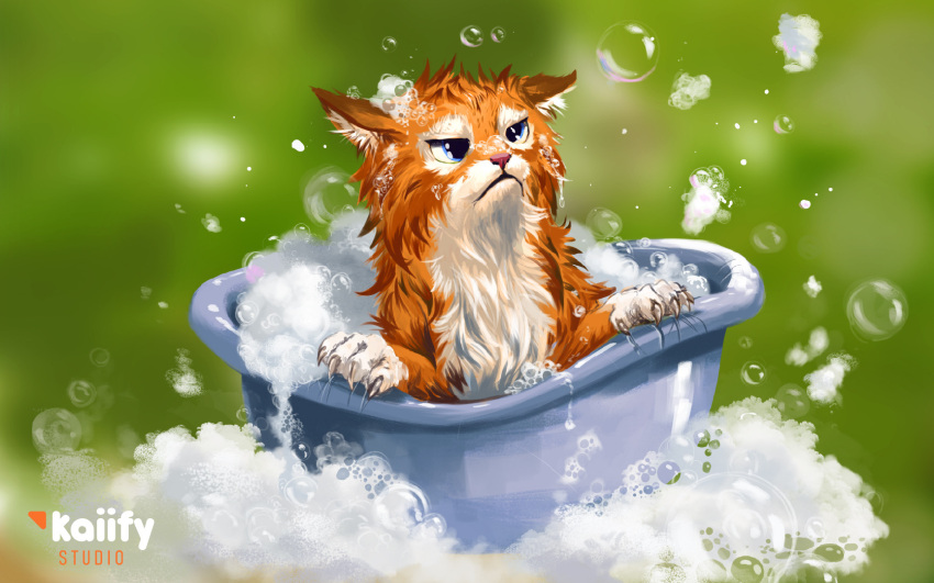 animal, animal_focus, artist_name, bath, blue_eyes, blurry, blurry_background, bubble, cat, closed_mouth, concept_art, english_commentary, frown, highres, kaiify, landscape, no_humans, original, soap_bubbles, wet