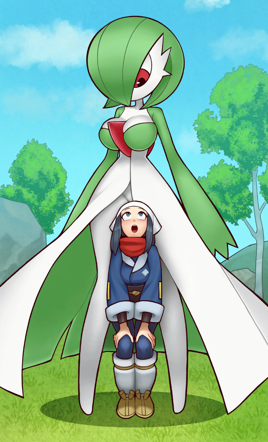 2girls, akari_(pokemon), alpha_pokemon, alternate_size, awestruck, black_hair, breasts, galaxy_expedition_team_survey_corps_uniform, gardevoir, grass, green_hair, hands_on_own_knees, head_scarf, highres, loodncrood, looking_at_another, looking_up, multiple_girls, open_mouth, pokemon, pokemon_(game), pokemon_legends:_arceus, pokemon_swsh, red_scarf, rock, scarf, tree