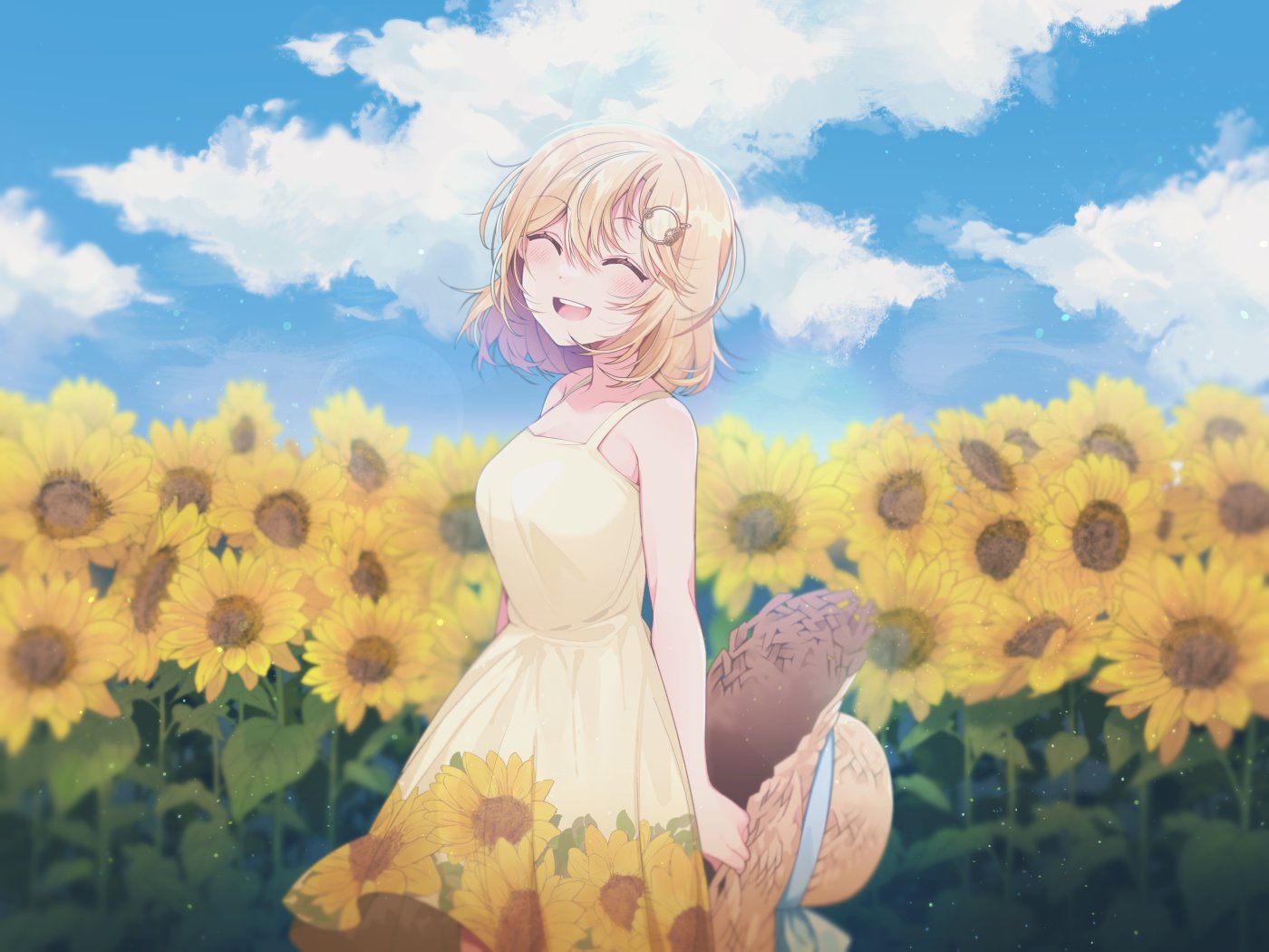 1girl, alternate_costume, blonde_hair, blue_sky, blush, breasts, clouds, cowboy_shot