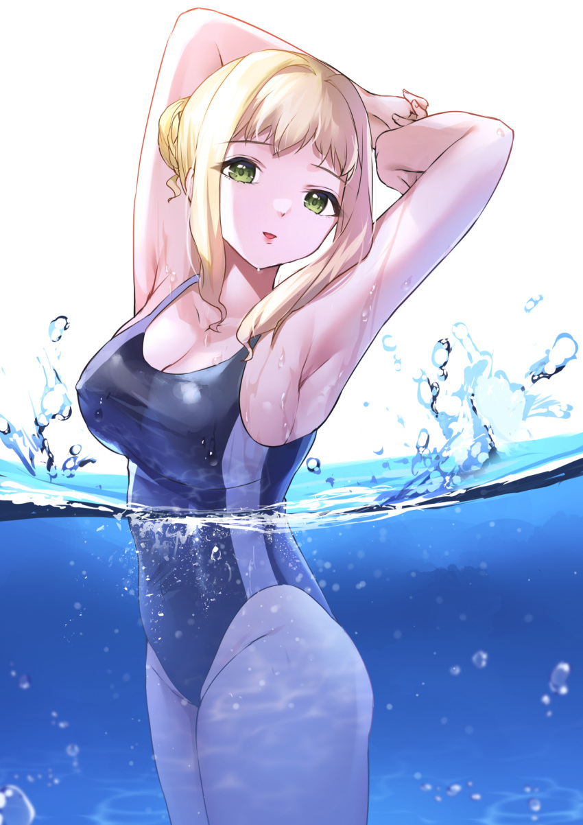 1girl, armpits, bangs, blonde_hair, breasts, competition_swimsuit, covered_navel, covered_nipples