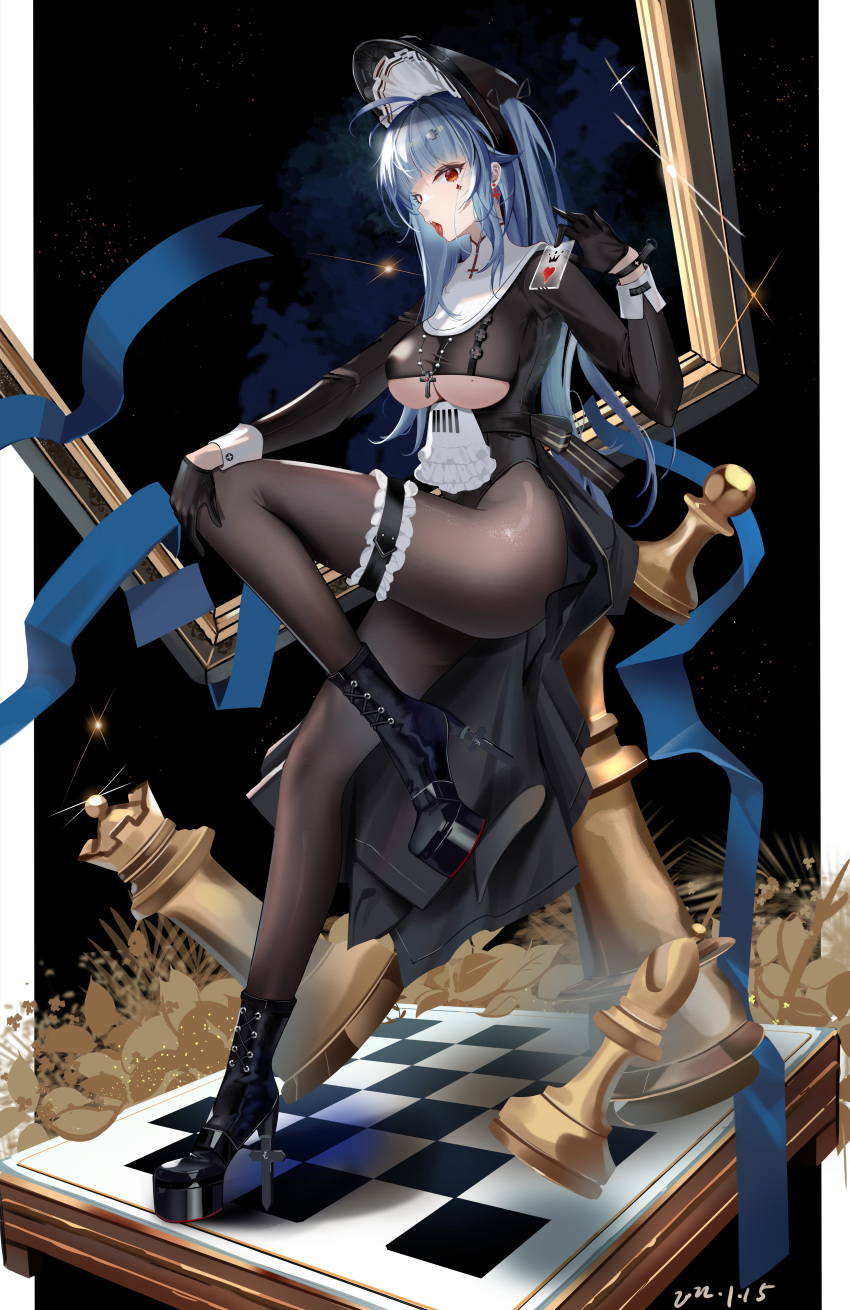 1girl, absurdres, azur_lane, bishop_(chess), black_background, black_dress, black_footwear, black_gloves