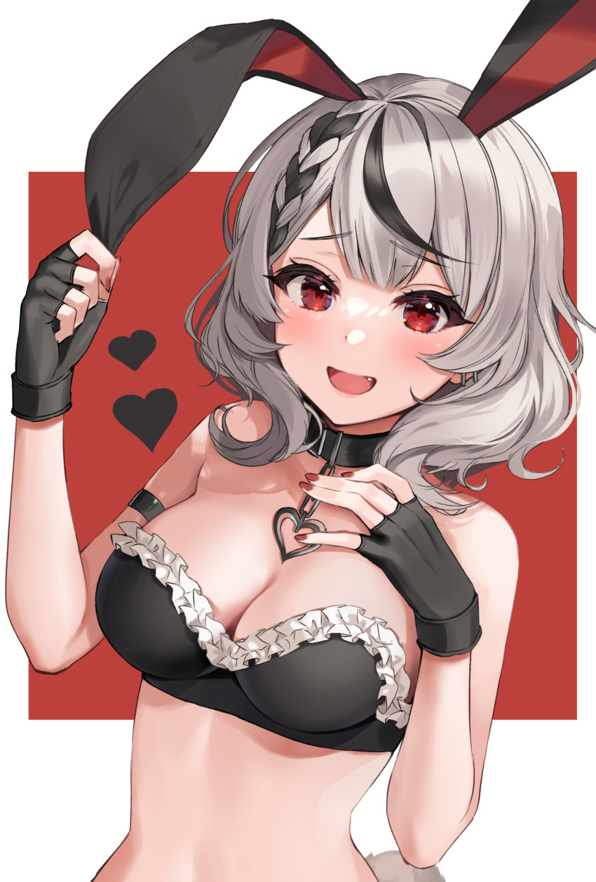 1girl, bangs, bare_shoulders, black_gloves, black_hair, blush, bra, braid