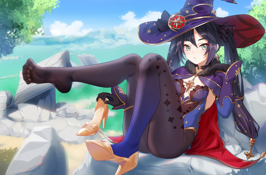 1girl, bangs, black_choker, black_gloves, black_hair, black_legwear, black_ribbon, blue_leotard, breasts, cang_se_ye_hua, cape, choker, commentary_request, crescent, crescent_hat_ornament, day, earrings, feet, fur-trimmed_cape, fur_trim, genshin_impact, gloves, green_eyes, hair_ornament, hair_ribbon, hat, hat_ornament, high_heels, highres, holding, holding_shoes, jewelry, knees_up, leg_up, legs, leotard, long_hair, long_sleeves, looking_at_viewer, medium_breasts, mona_(genshin_impact), no_shoes, outdoors, pantyhose, purple_headwear, red_cape, revision, ribbon, rock, shoes, shoes_removed, sitting, soles, solo, star_(symbol), star_choker, star_earrings, star_hair_ornament, toes, twintails, witch_hat, yellow_footwear