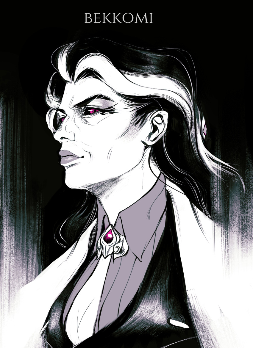 1girl, absurdres, artist_name, bangs, bekkomi, black_background, breasts, collared_shirt, commentary, highres, jacket, large_breasts, league_of_legends, long_hair, multicolored_hair, necktie, renata_(league_of_legends), shirt, smile, solo, two-tone_hair, upper_body, vest, violet_eyes