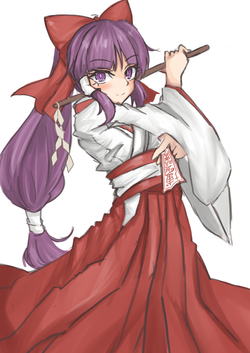 1girl, absurdres, ascot, bow, gohei, hair_bow, hair_tubes, hakurei_reimu