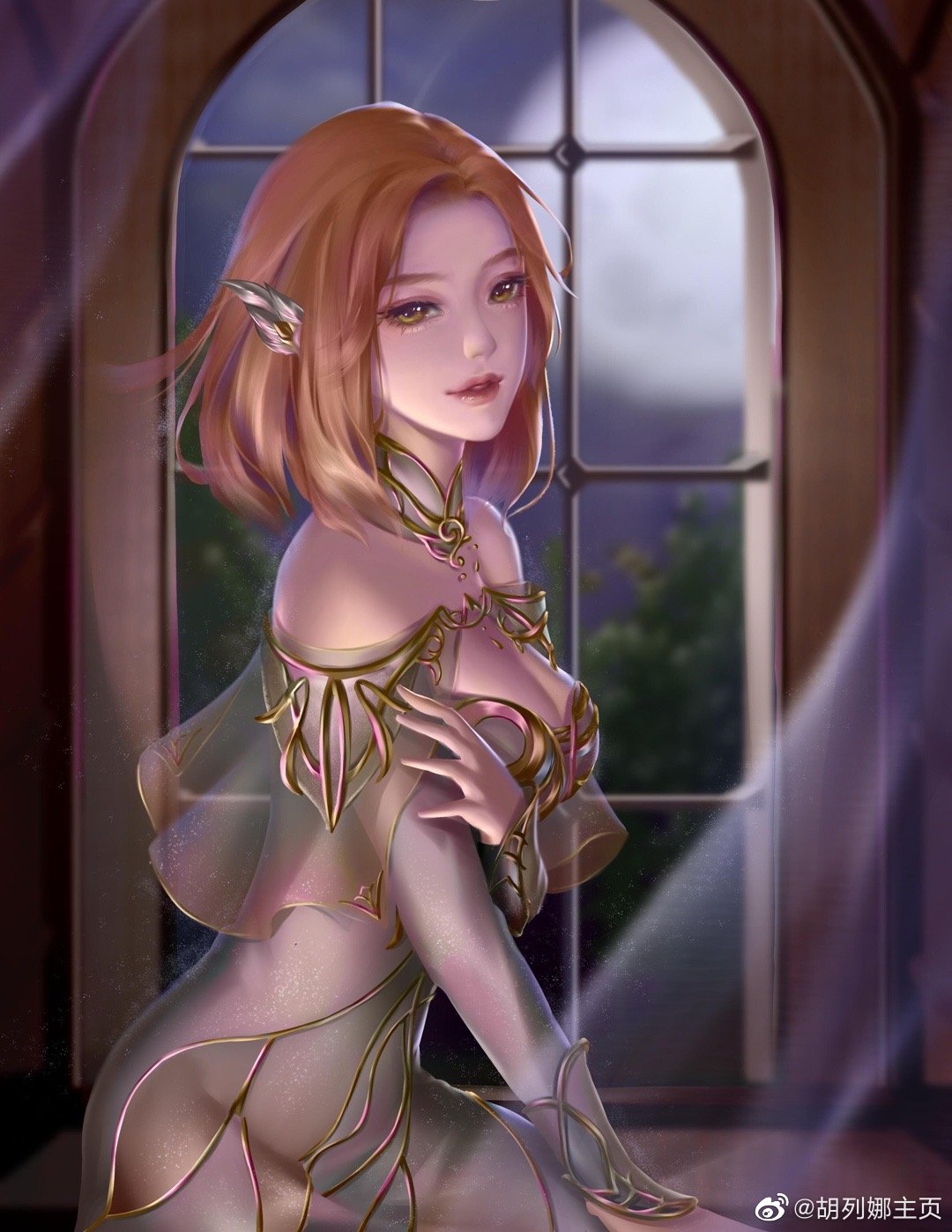 blonde_hair, curtains, douluo_dalu, dress, hair_ornament, highres, hu_liena_(douluo_dalu), hu_liena_zhuye