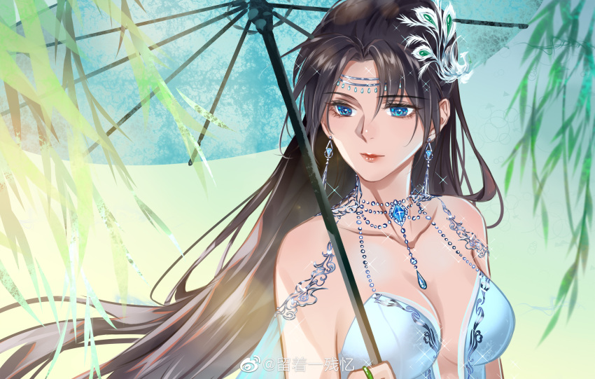 1girl, bare_shoulders, black_hair, blue_dress, doupo_cangqiong, dress, earrings, hair_ornament