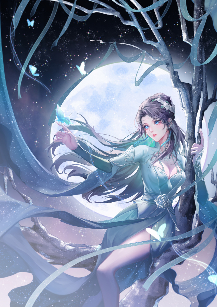absurdres, bare_legs, black_hair, branch, bug, butterfly, doupo_cangqiong, dress