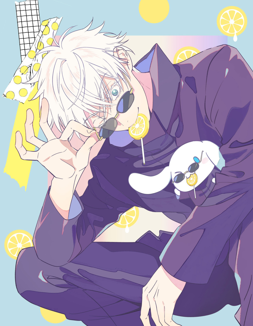 1boy, bangs, black_jacket, black_pants, blue_background, blue_eyes, candy, cinnamoroll, cowboy_shot, food, fruit, gojou_satoru, hair_between_eyes, hand_up, high_collar, highres, jacket, jujutsu_kaisen, lemon, lollipop, long_sleeves, looking_at_viewer, male_focus, mouth_hold, one_eye_closed, pants, s_o_i, sanrio, short_hair, smile, squatting, sunglasses, white_hair