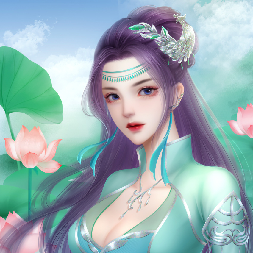 absurdres, black_hair, blue_sky, clouds, collar, doupo_cangqiong, dress, flower
