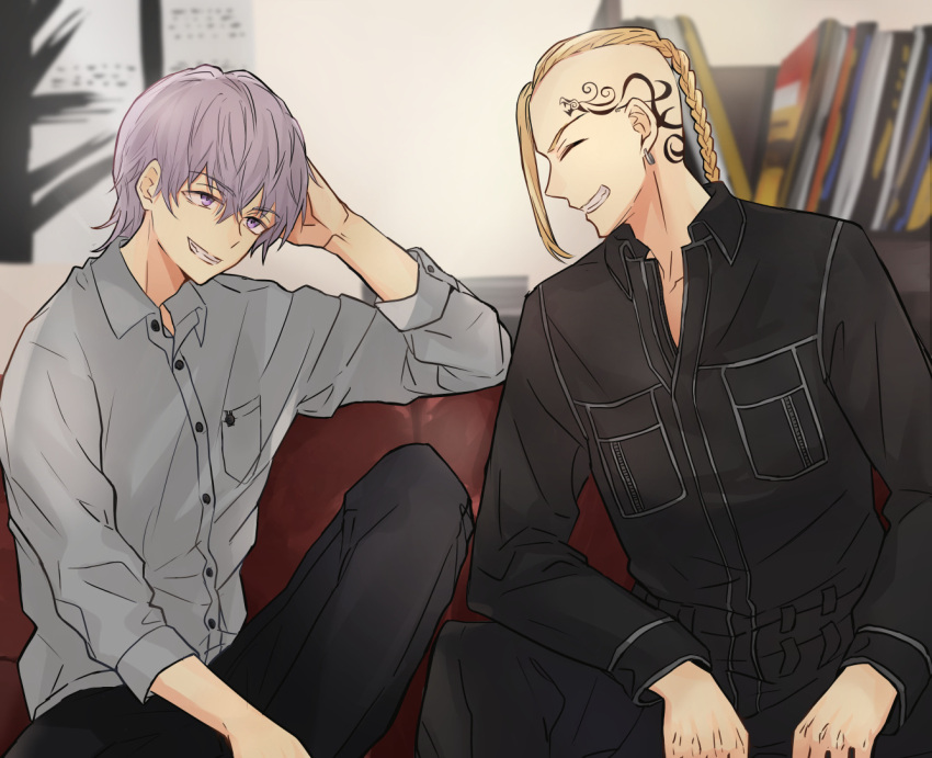 2boys, ^_^, black_jumpsuit, black_pants, blonde_hair, braid, braided_ponytail, closed_eyes