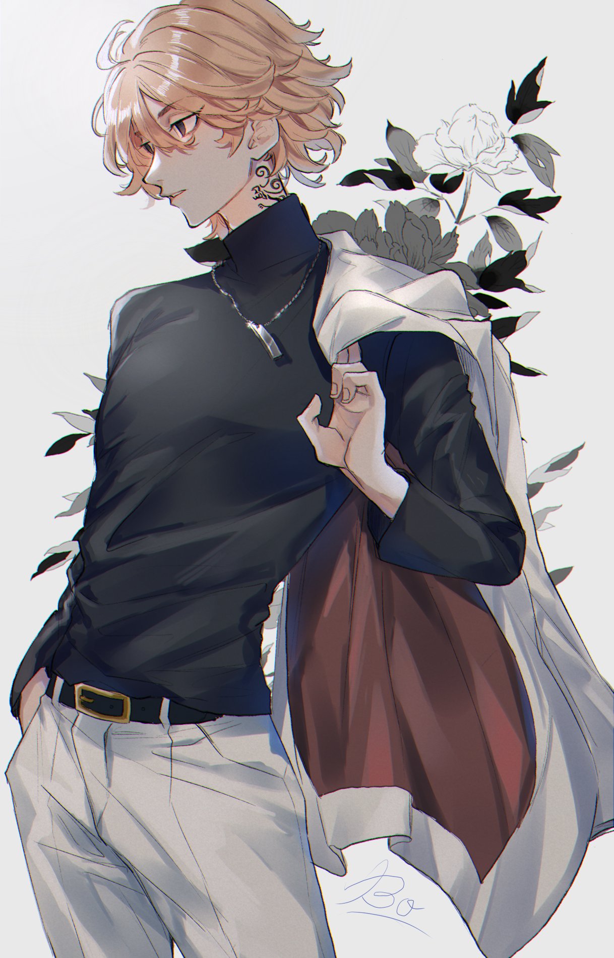 1boy, bangs, belt, black_belt, black_eyes, black_shirt, blonde_hair, bo_1125, cowboy_shot, flower, hair_between_eyes, hand_in_pocket, highres, holding, holding_clothes, holding_jacket, jacket, jewelry, long_sleeves, looking_away, male_focus, neck_tattoo, necklace, over_shoulder, pants, sano_manjirou, shirt, short_hair, solo, standing, tattoo, tokyo_revengers, turtleneck, white_background, white_pants