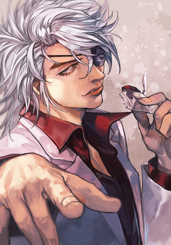 1boy, eyepatch, food, grey_hair, hair_over_one_eye, hankuri, holding, holding_food, jacket, long_sleeves, looking_at_viewer, madarame_baku, male_focus, one_eye_covered, parted_lips, popped_collar, red_shirt, shirt, smile, solo, upper_body, usogui, white_jacket