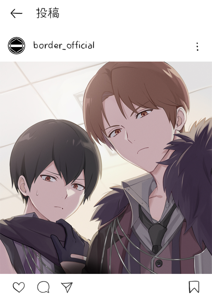 2boys, bangs, black_eyes, black_gloves, black_hair, black_necktie, black_scarf, brown_hair, collared_shirt, fur_collar, gloves, grey_shirt, hair_between_eyes, half_gloves, hand_up, inn_110, looking_at_viewer, male_focus, miwa_shuuji, multiple_boys, necktie, ninomiya_masataka, scarf, shirt, short_hair, sweatdrop, upper_body, world_trigger