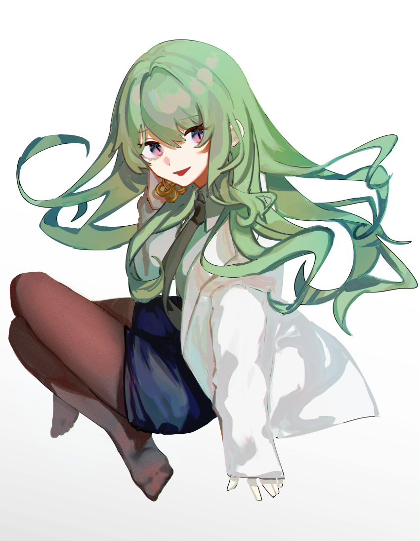 1girl, absurdres, bangs, black_legwear, black_necktie, black_skirt, coat, green_hair