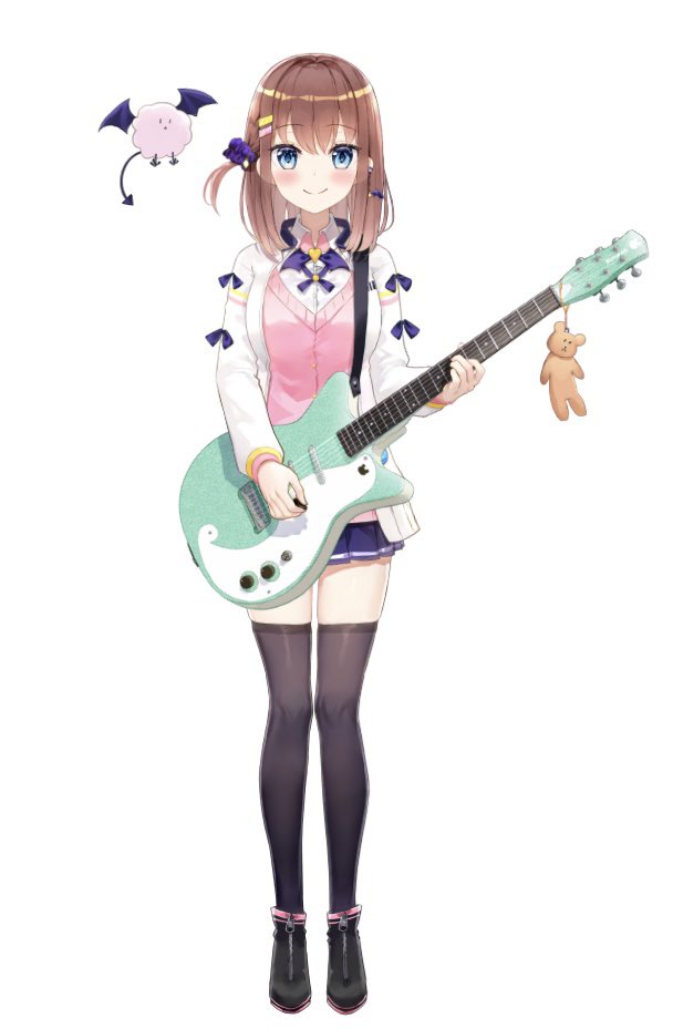 1girl, akuma_saki, aqua_eyes, axel-v, bass_guitar, breasts, brown_hair, cardigan