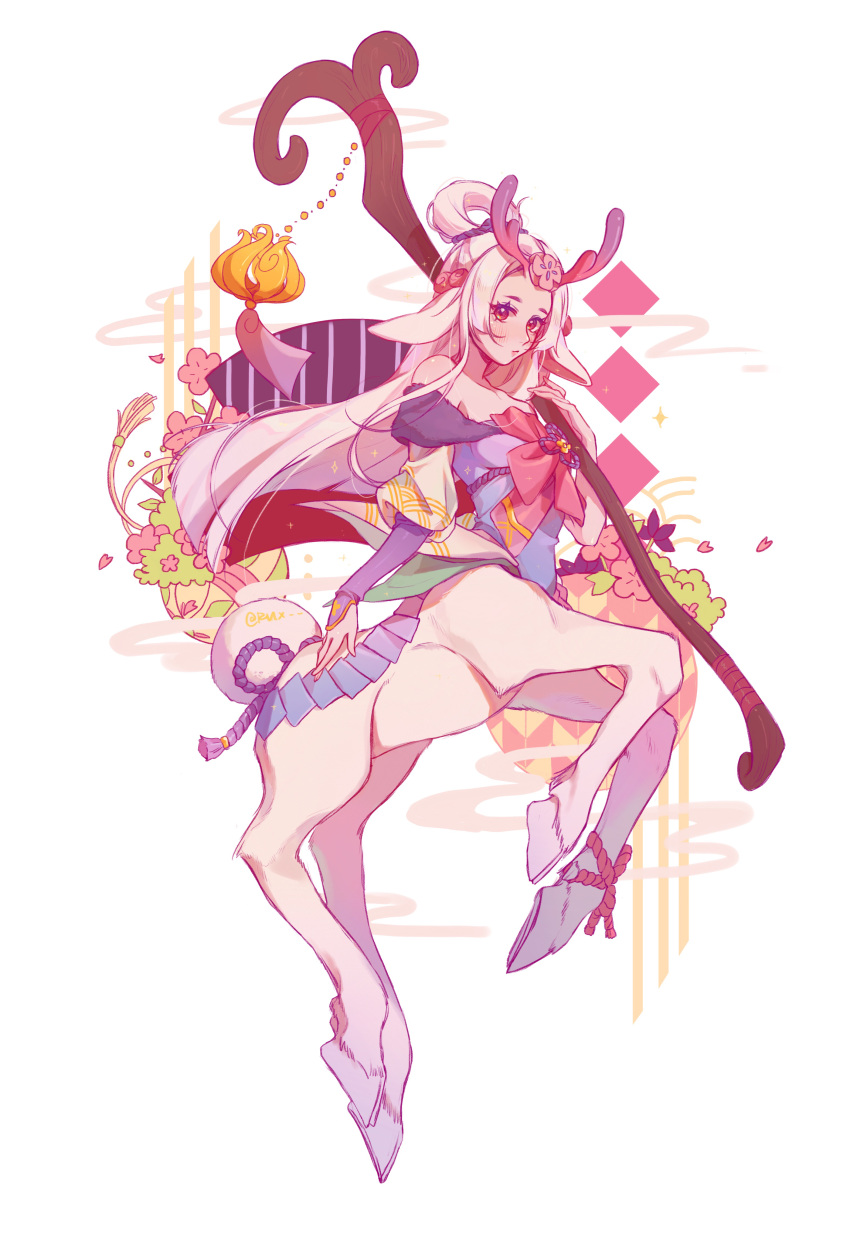 1girl, absurdres, animal_ears, antlers, bangs, bow, bowtie, centaur, flower, from_side, grey_hair, hair_rings, heart, highres, holding, holding_staff, horse_ears, league_of_legends, lillia_(league_of_legends), long_hair, looking_at_viewer, pink_bow, pink_bowtie, pink_flower, red_eyes, ruan_chen_yue, smile, solo, spirit_blossom_lillia, staff, taur, white_background