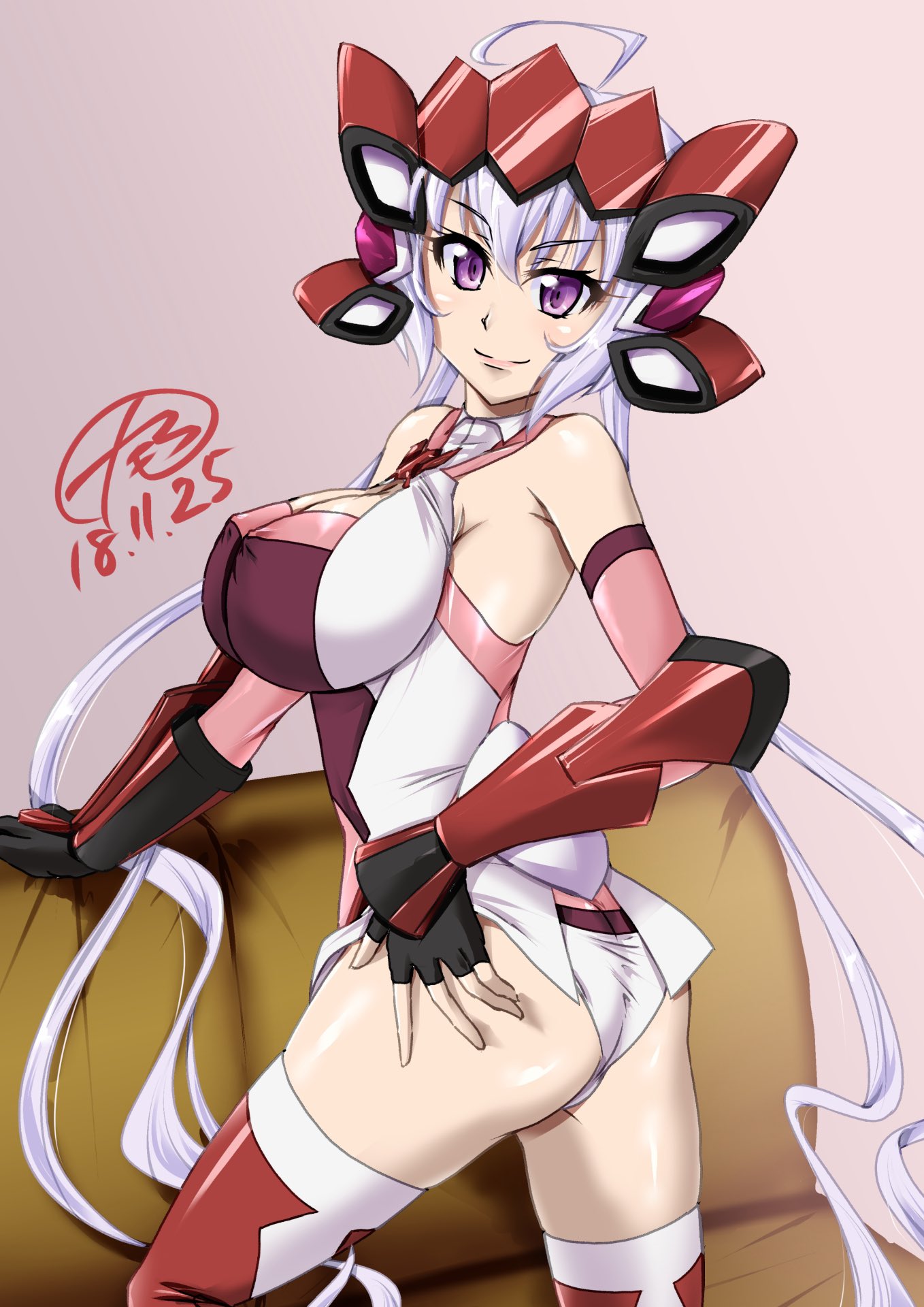 1girl, ass_grab, breasts, eyebrows_visible_through_hair, highres, large_breasts, leg_lift, looking_at_viewer