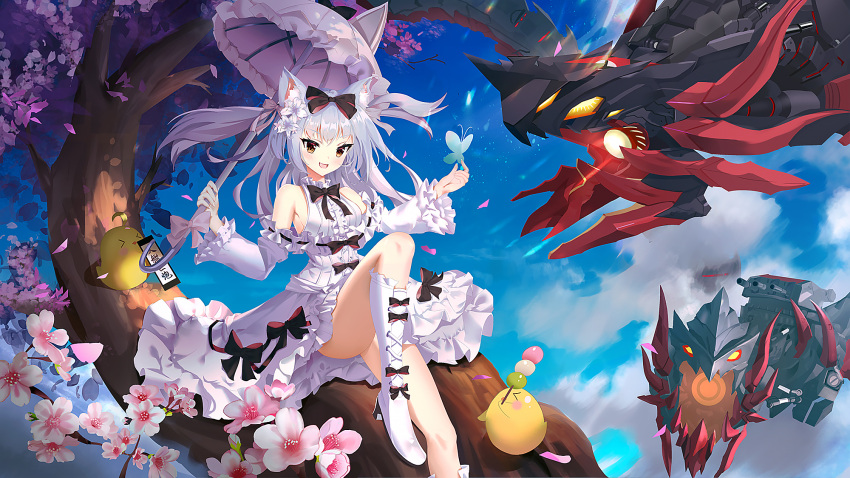 >_<, 1girl, animal-themed_umbrella, animal_ears, artillery, azur_lane, babnagganyaokyule, bare_shoulders