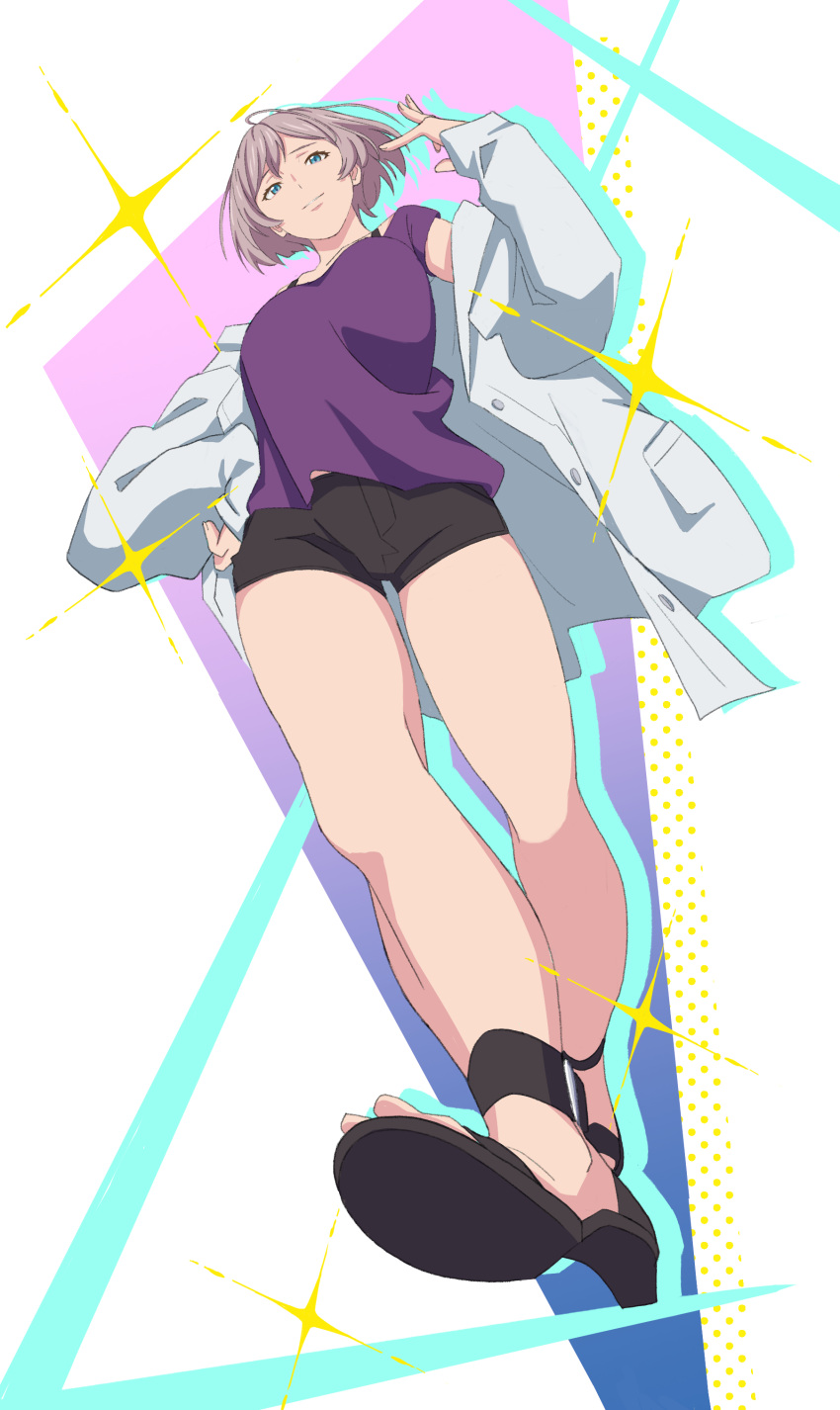 1girl, absurdres, arm_up, bangs, black_footwear, black_shorts, blue_eyes, breasts