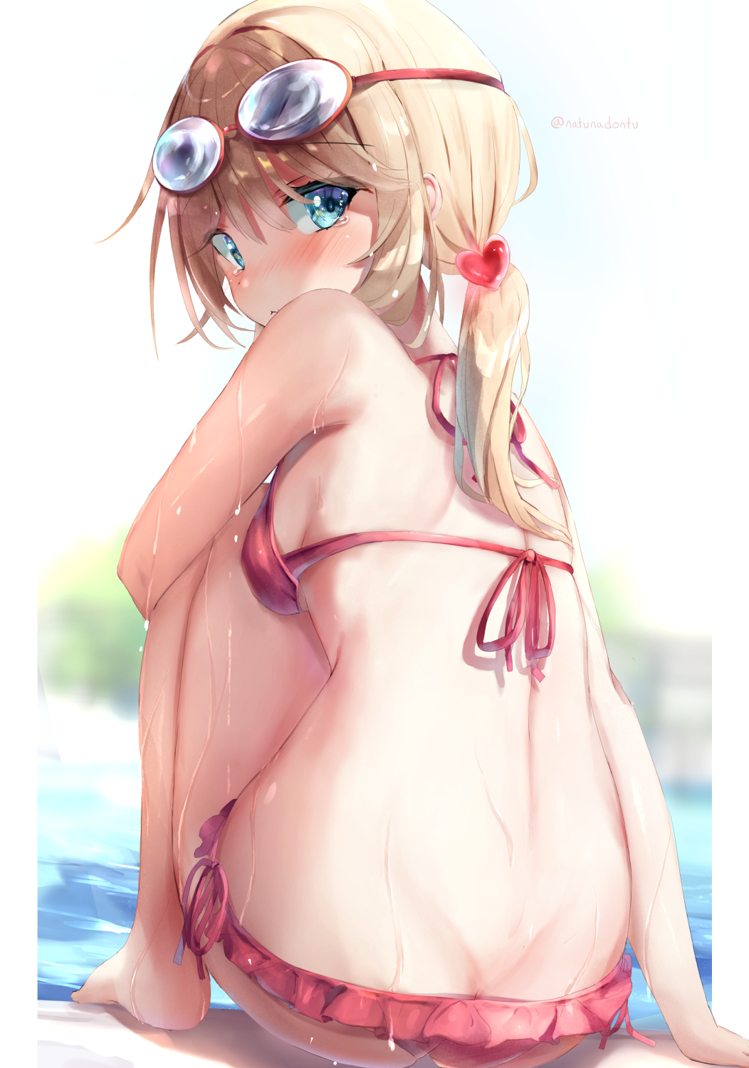 1girl, arm_support, artist_name, bangs, barefoot, bikini, blonde_hair, blue_eyes