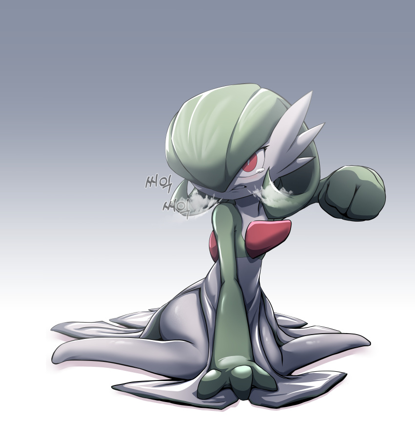 1girl, absurdres, clenched_hand, clenched_teeth, dress, gardevoir, green_hair, grey_background