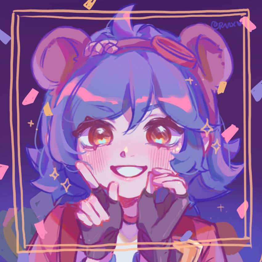 1girl, ahoge, annie-versary, annie_(league_of_legends), bangs, bear_hair_ornament, black_gloves, blush, brown_eyes, eyebrows_visible_through_hair, fingerless_gloves, gloves, gradient, gradient_background, grin, hair_ornament, hairband, highres, league_of_legends, portrait, purple_background, ruan_chen_yue, signature, smile, solo, sparkle, teeth, upper_body