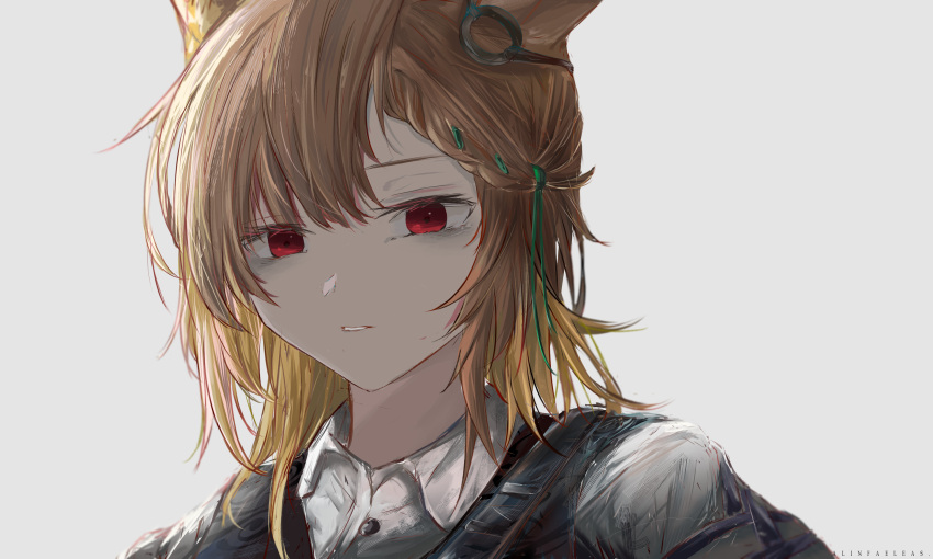 1girl, alinfaeleas, animal_ears, arknights, bags_under_eyes, bangs, black_vest, blonde_hair