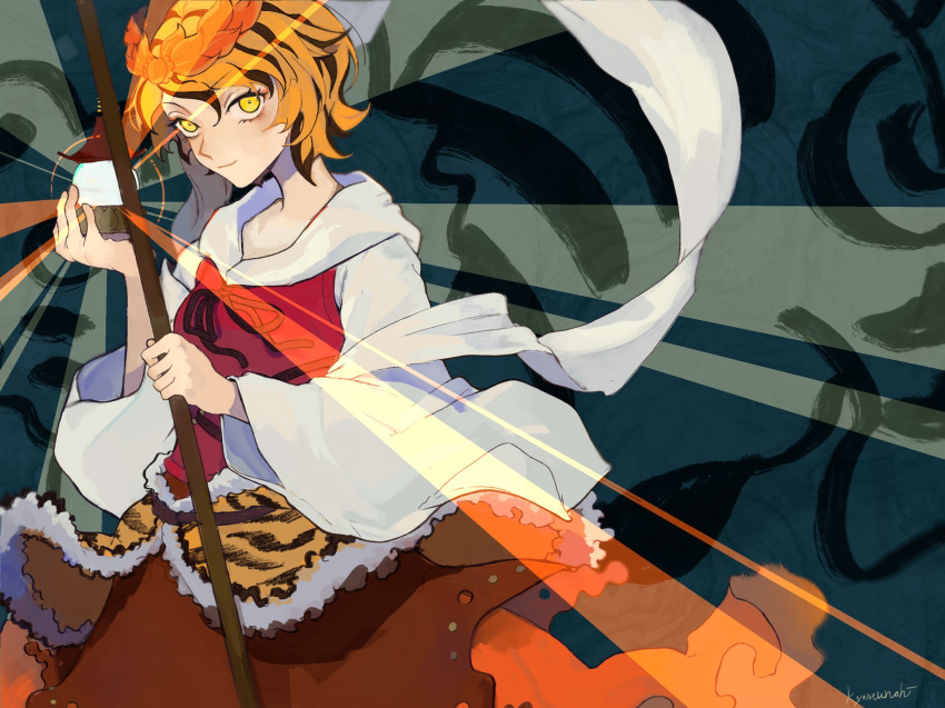 1girl, animal_ears, animal_print, black_hair, blonde_hair, dress, hair_ornament, highres