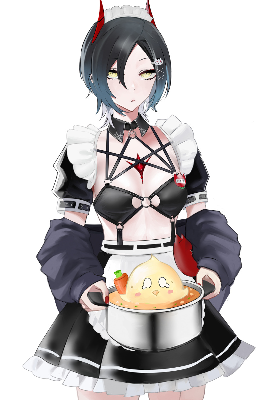 1girl, absurdres, apron, azur_lane, black_hair, black_jacket, black_skirt, breast_strap, carrot, cat_hair_ornament, food, frilled_skirt, frills, hair_between_eyes, hair_ornament, highres, holding, holding_pot, horns, jacket, looking_at_viewer, manjuu_(azur_lane), mechanical_horns, miniskirt, multicolored_hair, official_alternate_costume, pot, puffy_short_sleeves, puffy_sleeves, red_horns, short_hair, short_sleeves, simple_background, skirt, solo, soup, standing, streaked_hair, two-tone_hair, ulrich_von_hutten_(azur_lane), ulrich_von_hutten_(mayhem_maid)_(azur_lane), white_apron, white_background, white_hair, x_hair_ornament, yellow_eyes, zc007