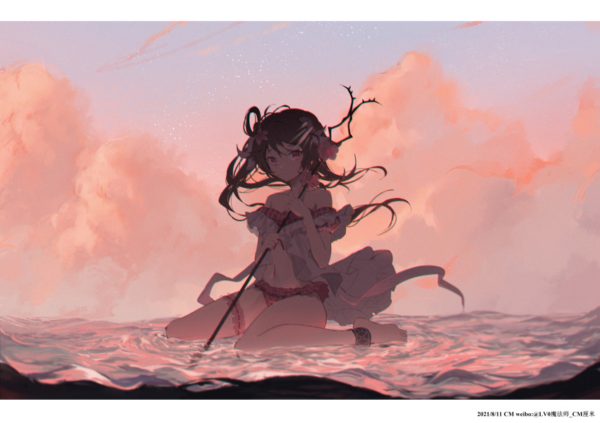 1girl, absurdres, arknights, barefoot, bikini, brown_hair, centmeter, clouds, collarbone, dated, eyjafjalla_(arknights), flower, frilled_bikini, frills, hair_flower, hair_ornament, highres, holding, holding_staff, long_hair, navel, outdoors, partially_submerged, red_eyes, seiza, sitting, sky, solo, staff, star_(sky), swimsuit