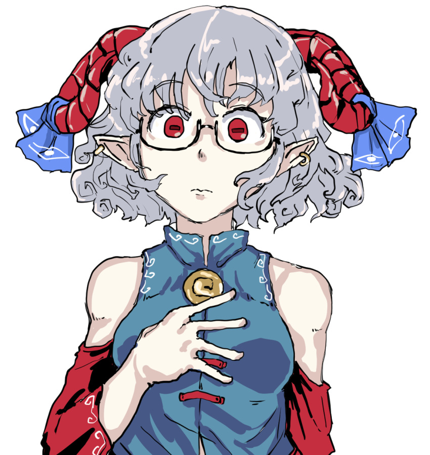 1girl, bangs, bare_shoulders, blue_dress, blue_vest, curly_hair, detached_sleeves, dress, earrings, eyebrows_visible_through_hair, highres, horizontal_pupils, horn_ornament, horn_ribbon, horns, jewelry, junerain1018, pointy_ears, red_eyes, red_horns, red_sleeves, ribbon, sheep_horns, short_hair, simple_background, solo, touhou, toutetsu_yuuma, vest, white_background, white_hair