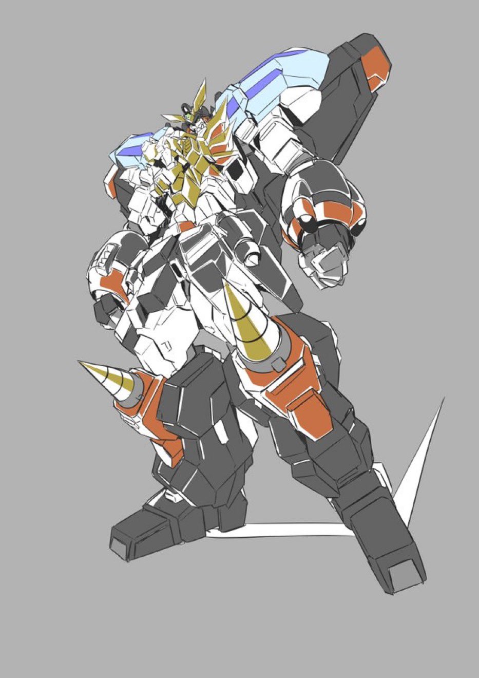 clenched_hands, drill, gaogaigar, green_eyes, grey_background, highres, leaning_back, looking_down