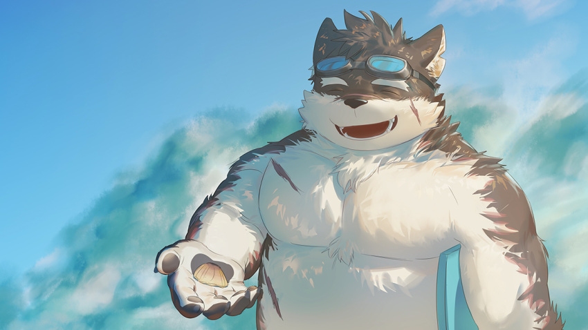1boy, animal_ears, body_fur, brown_fur, dog_boy, dog_ears, fang, furry