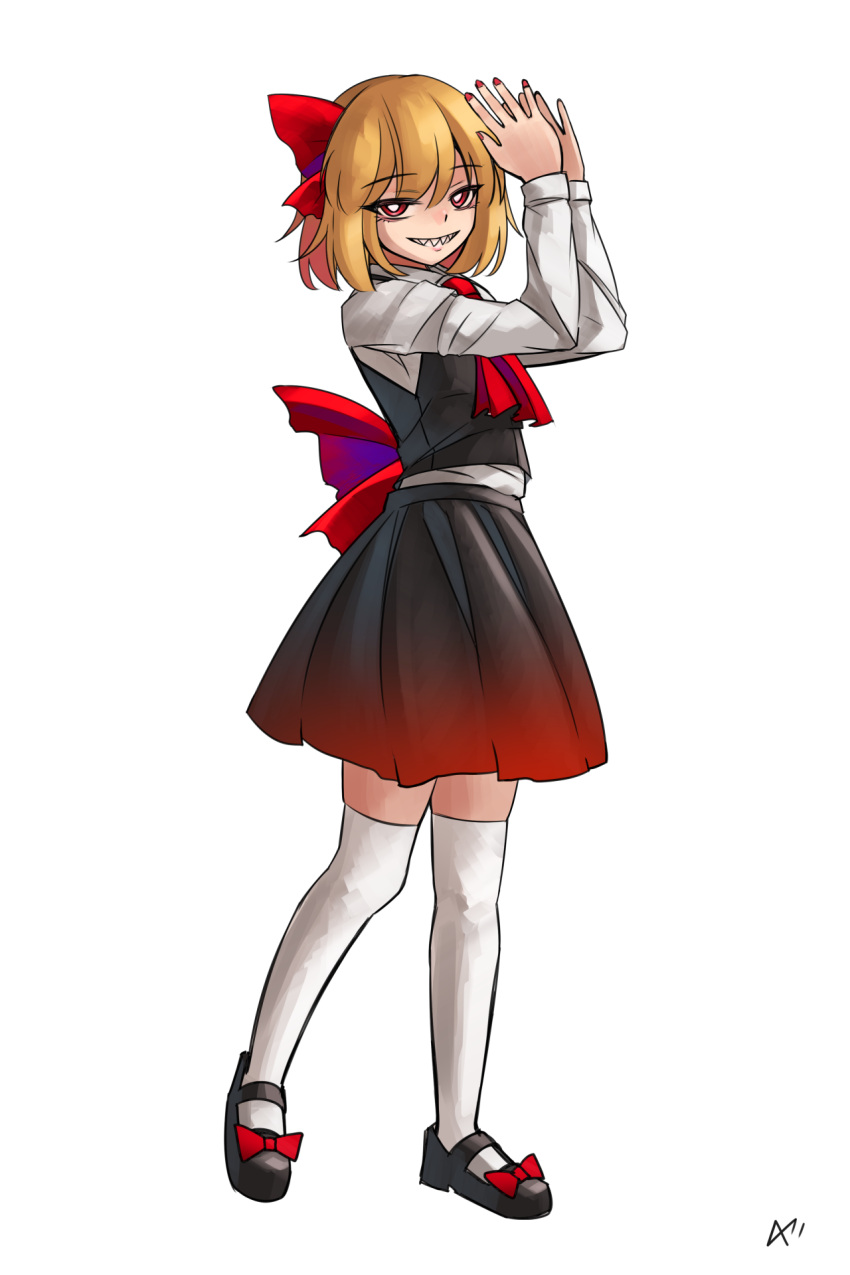 1girl, a-xii, arms_up, ascot, black_footwear, black_skirt, black_vest, blonde_hair