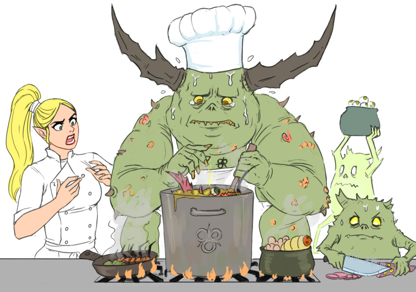 1girl, 1other, blonde_hair, breasts, cauldron, chef_hat, cooking, creature