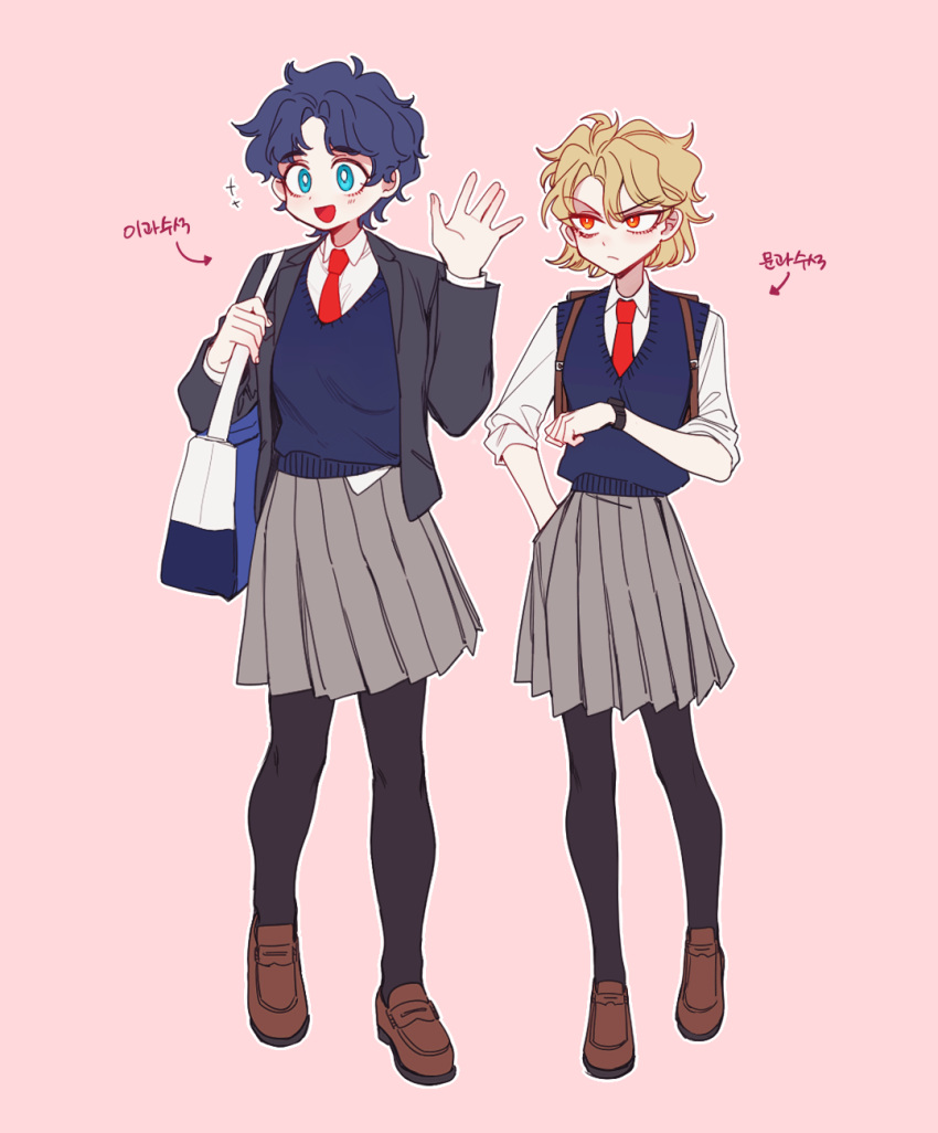 2girls, bag, black_jacket, black_legwear, blonde_hair, blue_eyes, blue_hair, bookbag