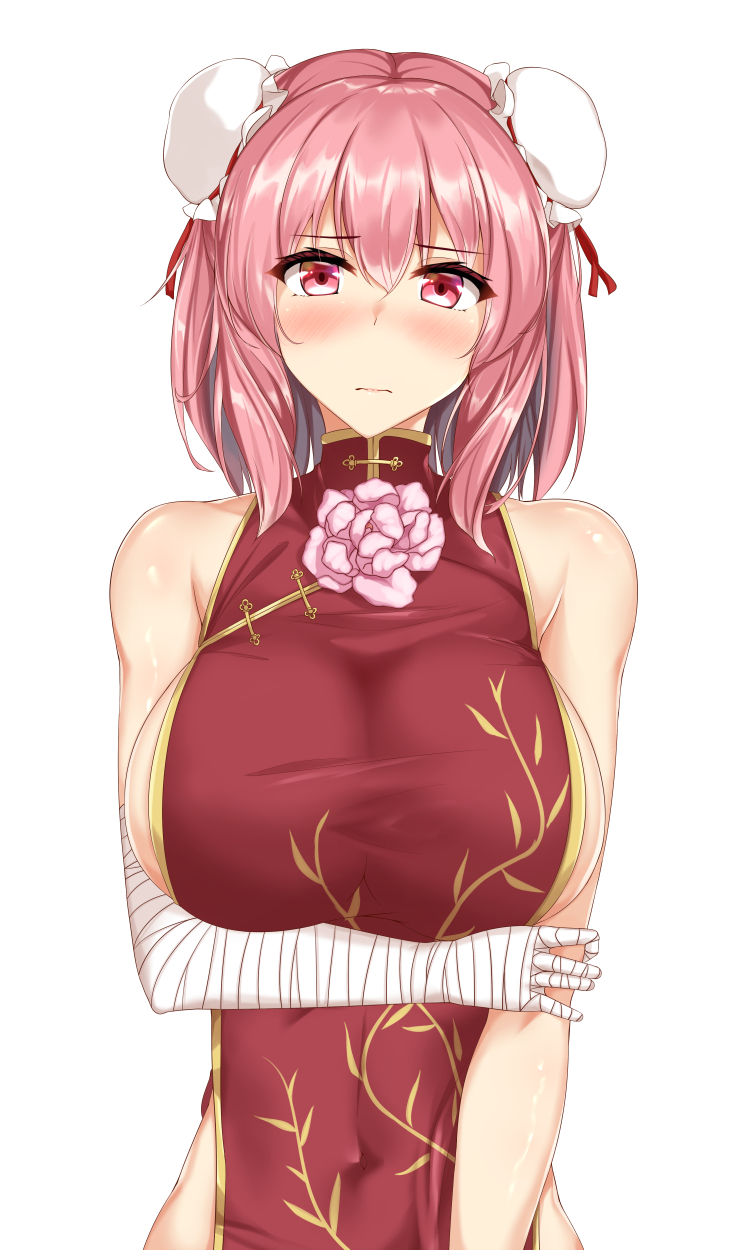 1girl, arm_under_breasts, bandaged_arm, bandages, blush, breasts, closed_mouth, commentary_request