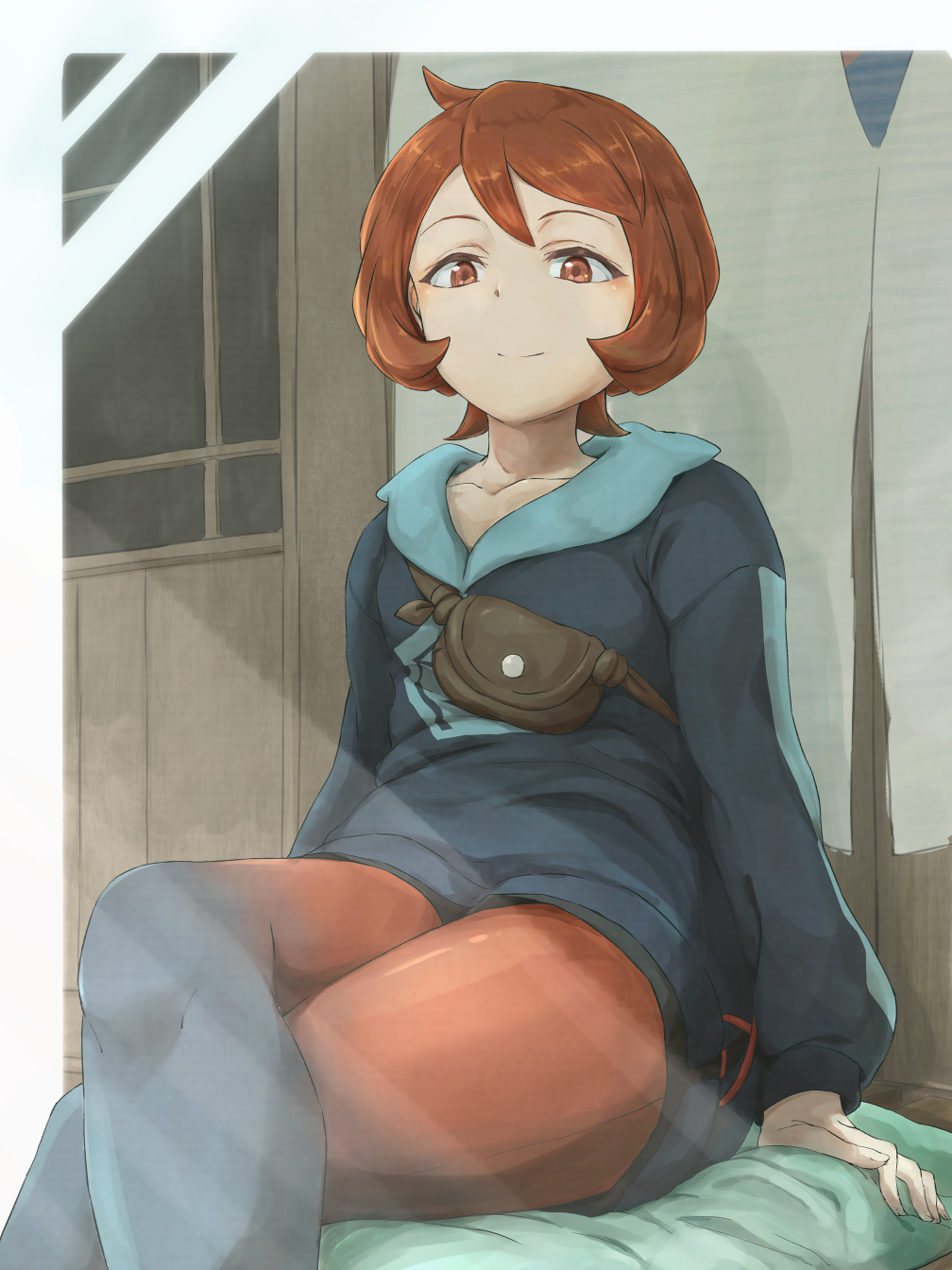 1girl, arezu_(pokemon), arm_support, bangs, brown_bag, brown_eyes, brown_hair, closed_mouth