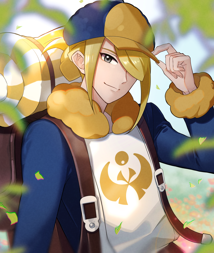 1boy, backpack, bag, bangs, blonde_hair, blurry, brown_bag, closed_mouth