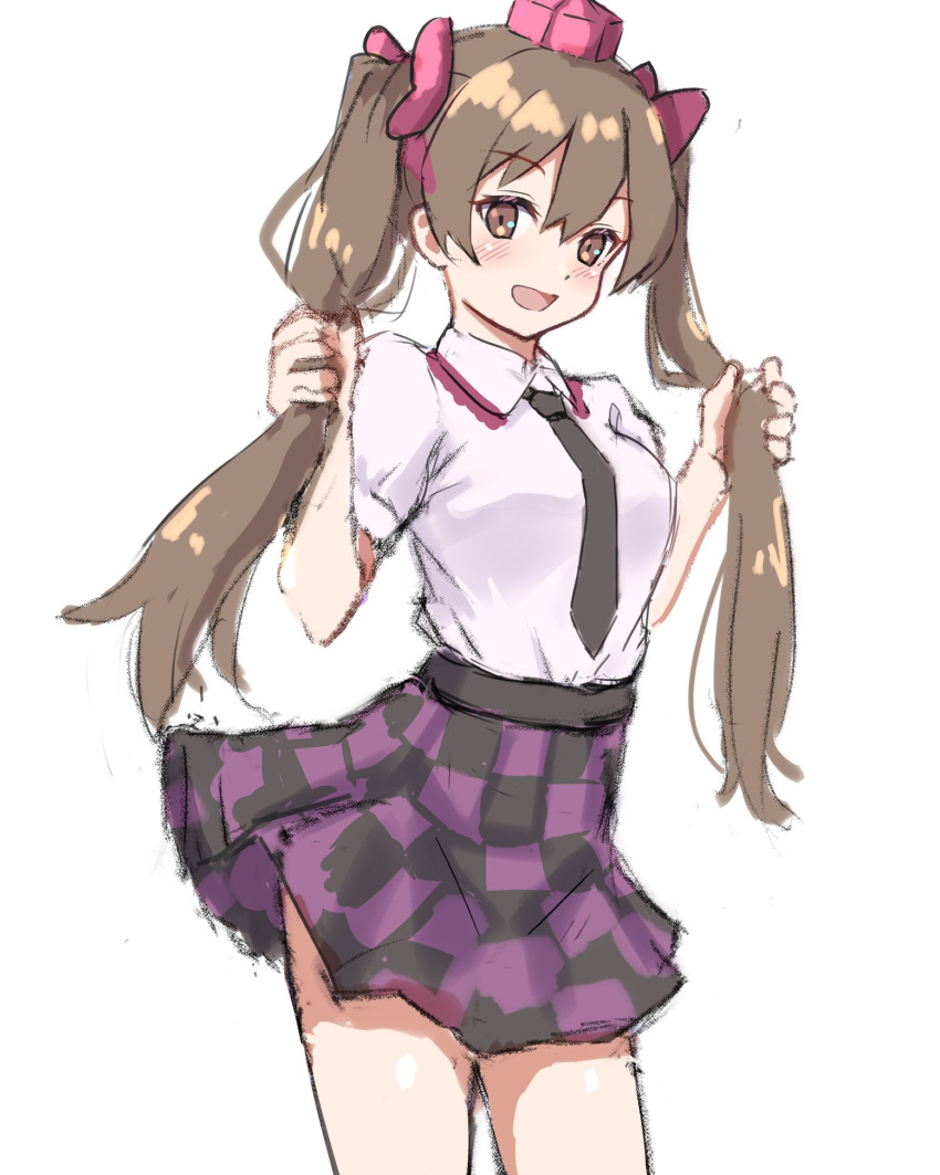 1girl, :d, bangs, blush, bow, breasts, brown_eyes, brown_hair