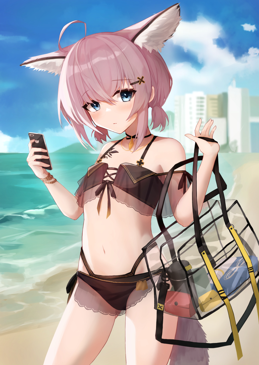 1girl, ahoge, animal_ear_fluff, animal_ears, arknights, bag, bangs, bare_shoulders