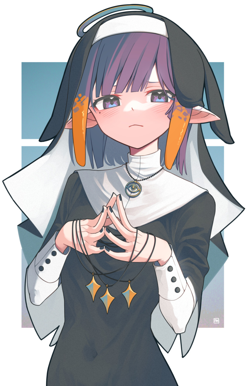 alternate_costume, angry_num, black_dress, black_nails, blush, dress, eyebrows_behind_hair, frown