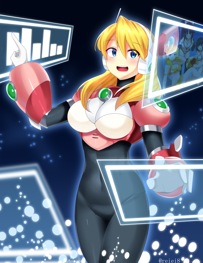 1girl, absurdres, alia_(mega_man), android, arm_up, armor, bangs, black_bodysuit