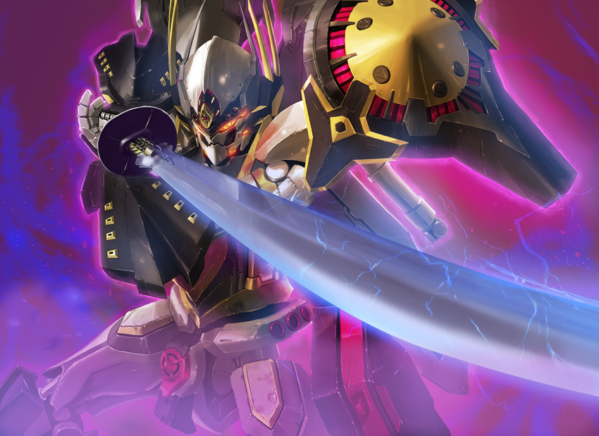 aquakurow, electricity, glowing, glowing_eye, holding, holding_sword, holding_weapon, katana