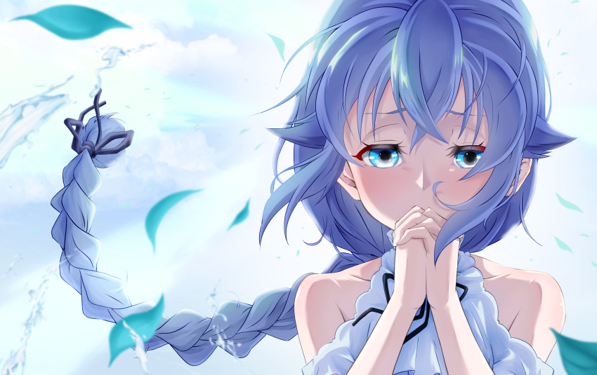 1girl, absurdres, bangs, bare_shoulders, black_ribbon, blue_dress, blue_eyes, blue_hair